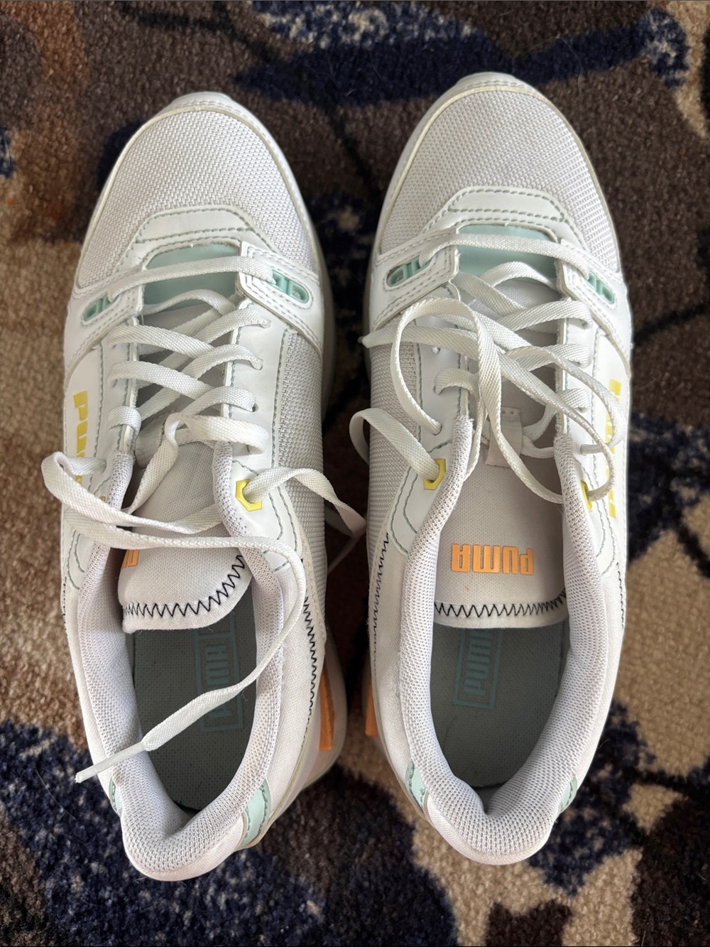 Puma Women's White Sneakers with Mint and Yellow Accents